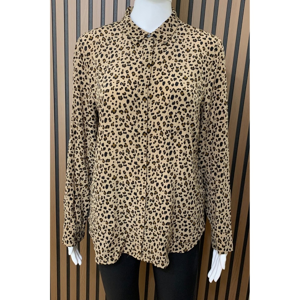 J.Crew 100% Silk Leopard Print Button Down Shirt Blouse Tan Brown Womens 12